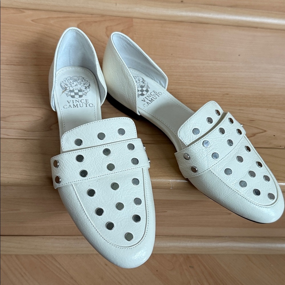 Vince Camuto Cream Leather Loafers with Silver Studs